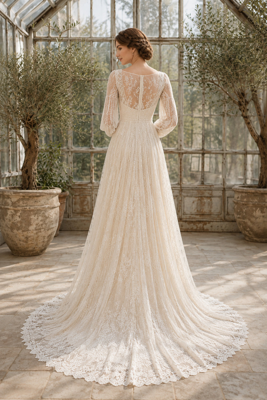 Ivory Boho Scoop Neck A-Line Lace Tulle Wedding Dress with Long Poet Sleeves and Chapel Train back view