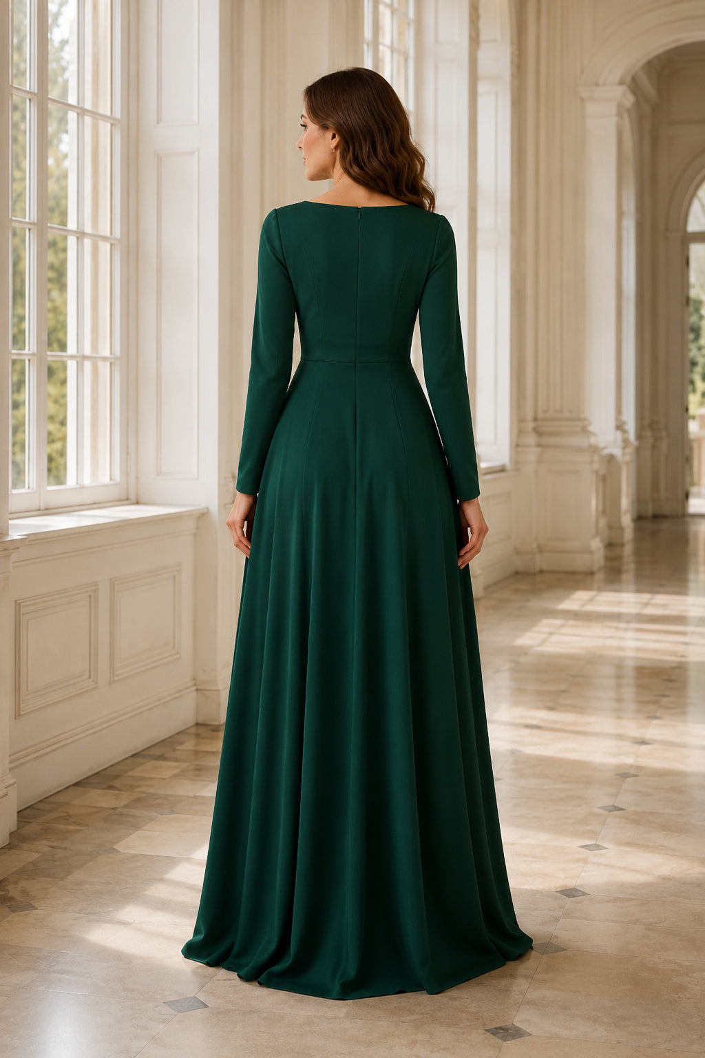 Dark Green V-Neck Satin A-Line Formal Dress with Long Puff Sleeves and Wrapped Bodice back view