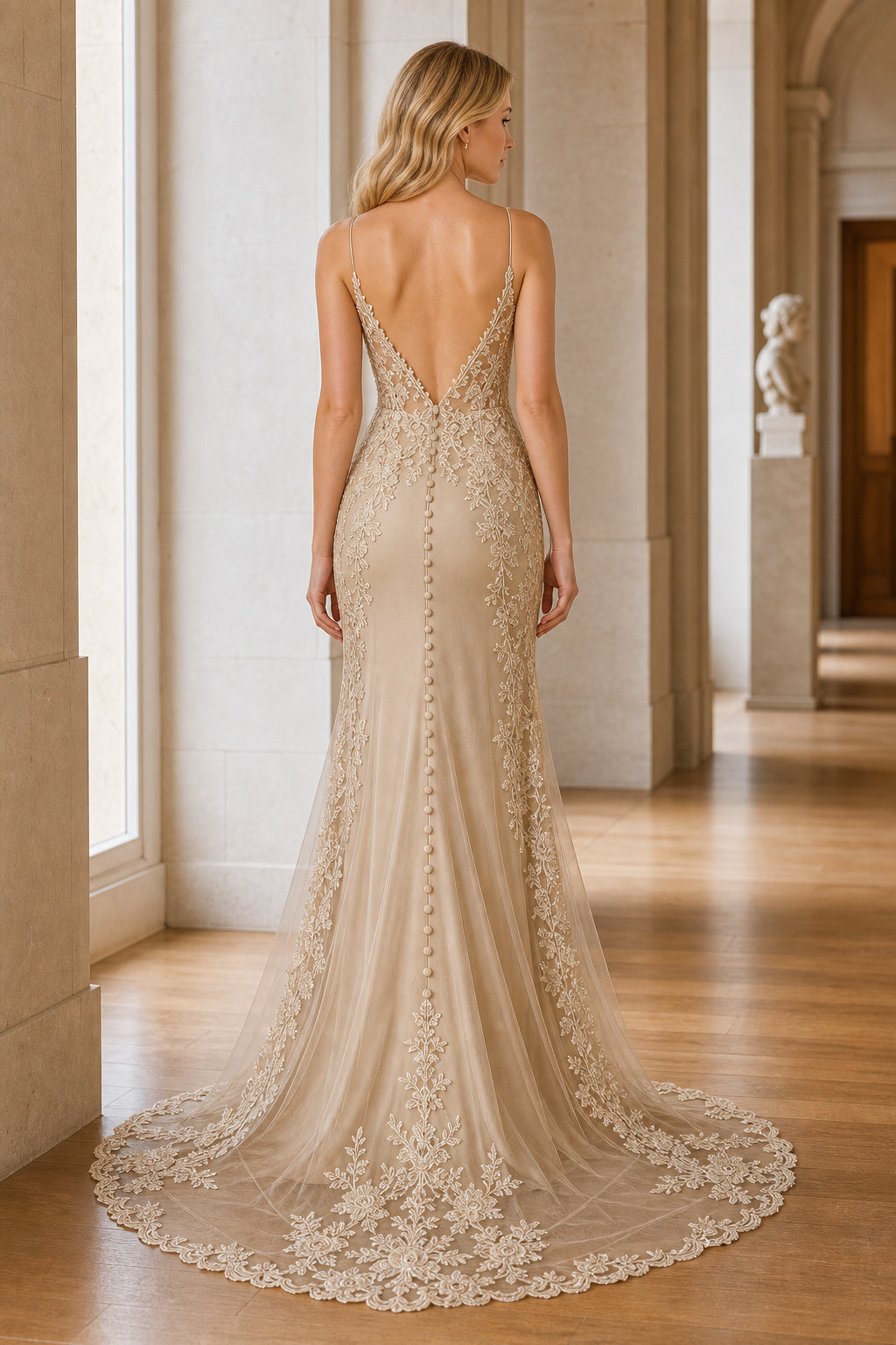 White Sweetheart Mermaid Lace Floor-length Wedding Dress With Lace and Lace Bodice and Open Back Lace Hem Detail