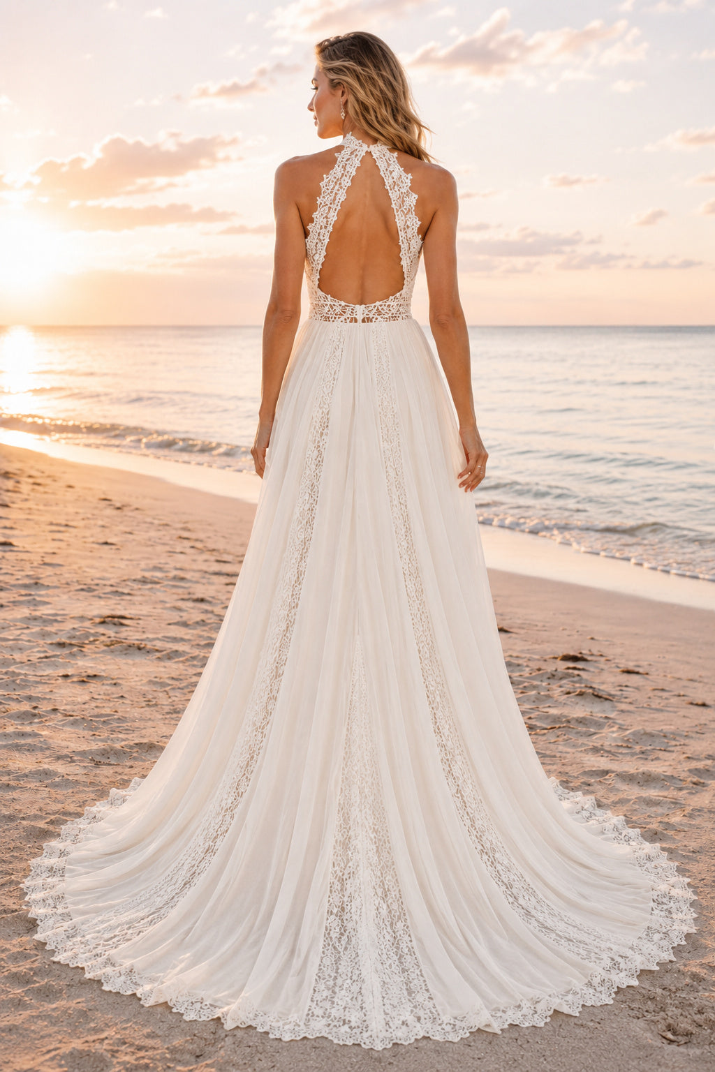 Ivory Halter Deep V Lace Tulle A-Line Wedding Dress Split Train for Bridal Ceremony and Reception back view