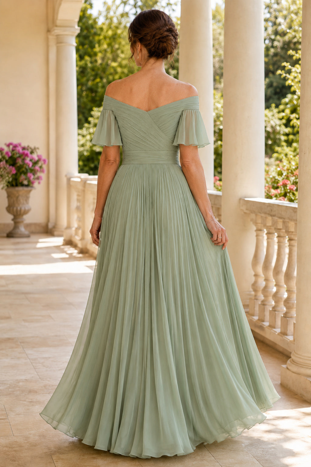 Sage Off-the-Shoulder A-Line Mother Dress with Pleated Chiffon Skirt back view