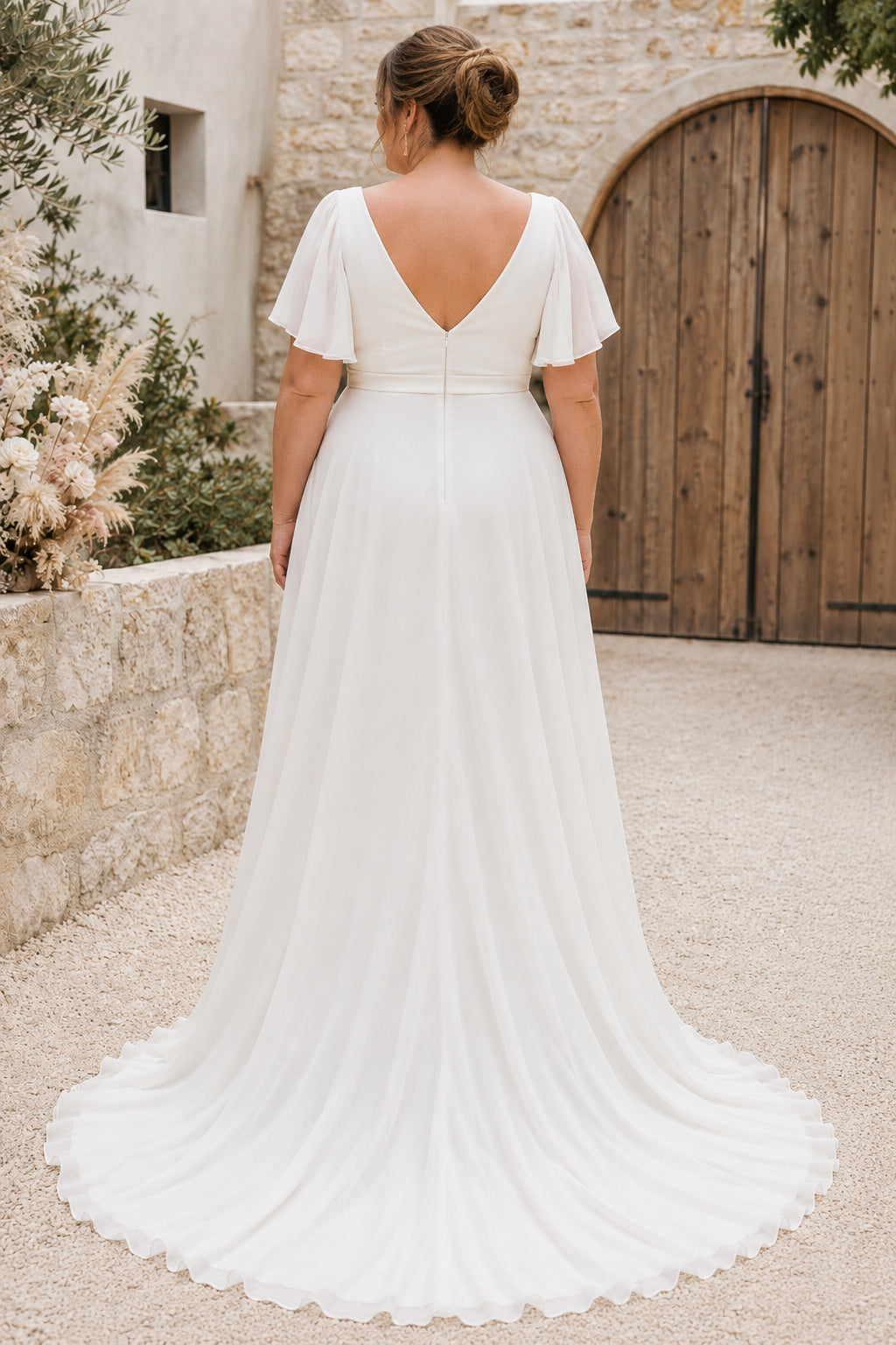 White Plus Size Simple V-Neck Chiffon A-Line Wedding Dress with Flutter Sleeves and Train back view