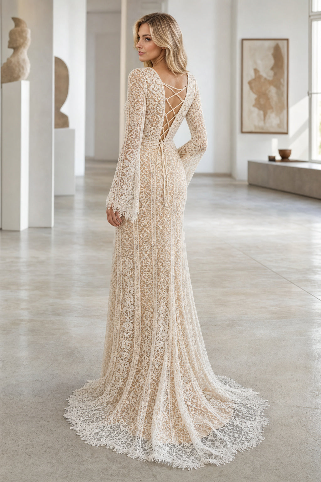 White Square A-Line Lace Floor-length Wedding Dress With Lace and Beaded Waist and Open Back