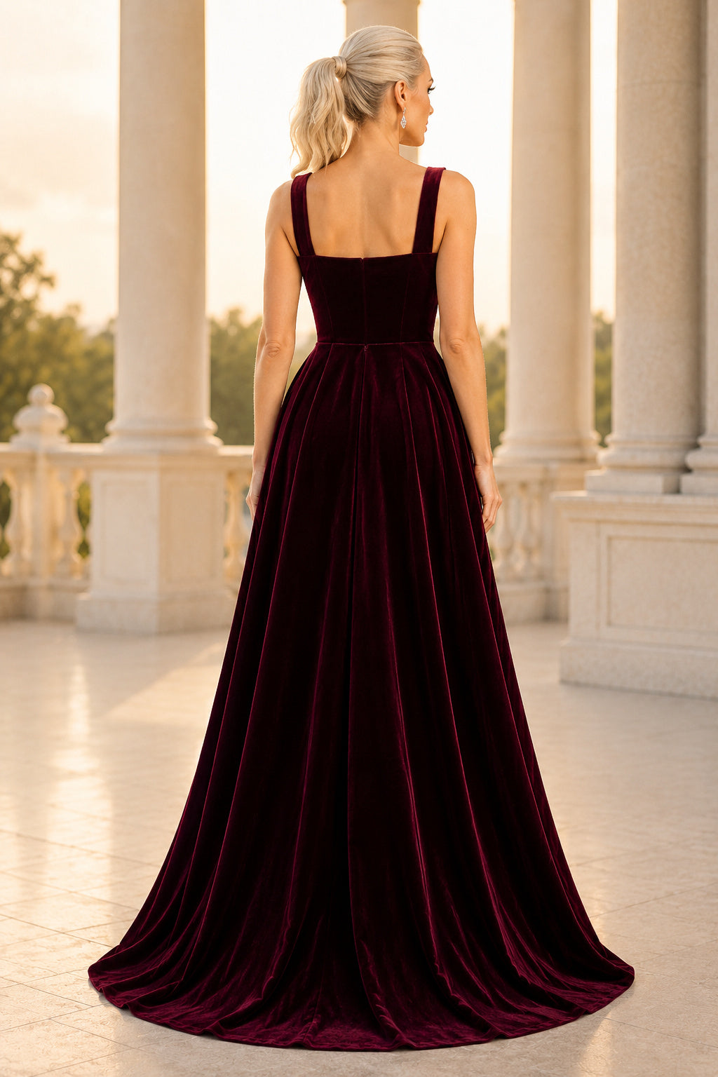 Burgundy Square Neck Velvet A-Line Formal Dress with Wide Straps back view
