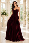 Evening Gown Burgundy Velvet Ball Gown Strapless Sweetheart Sweep Train front view