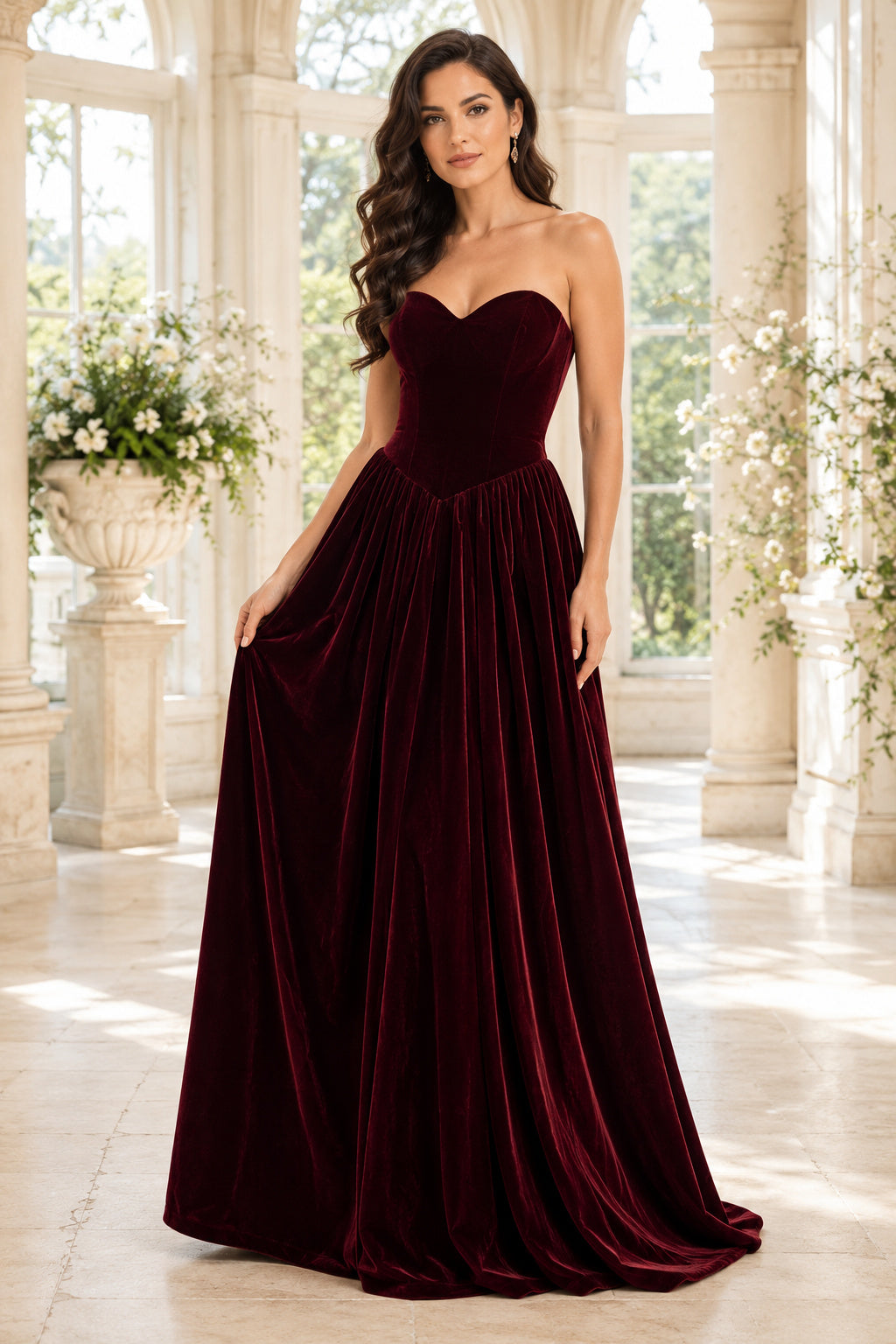 Evening Gown Burgundy Velvet Ball Gown Strapless Sweetheart Sweep Train front view