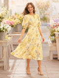 Yellow V Neck Bird Floral Garden Party Midi Dress front view