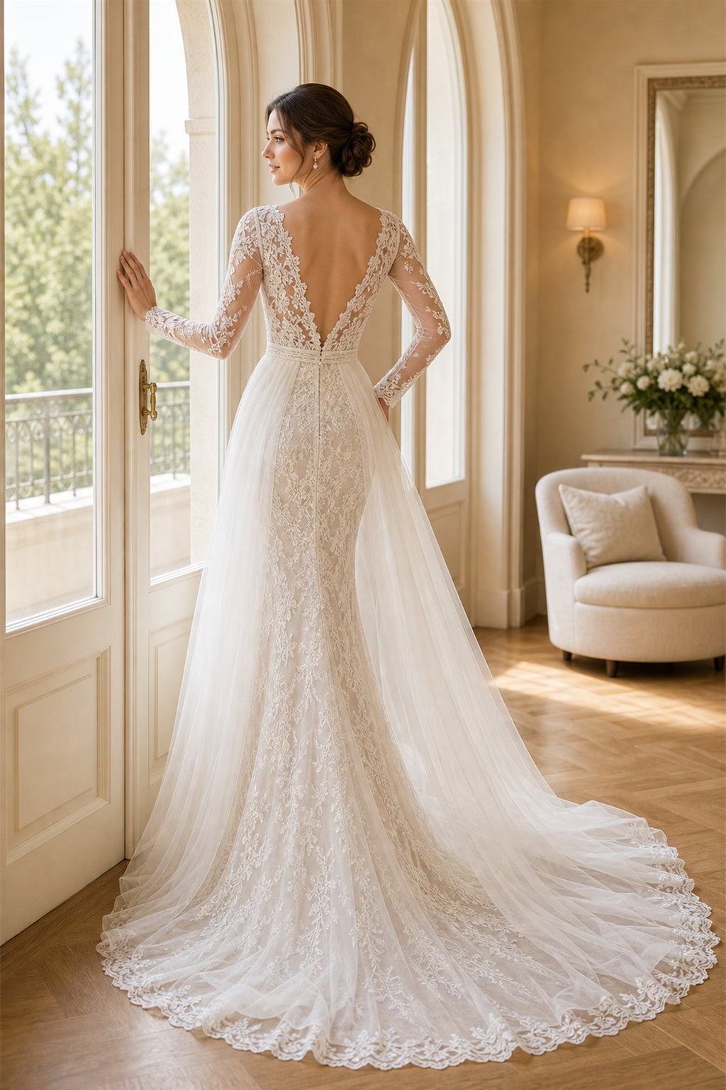 White Illusion Long Sleeves A-Line Chiffon Floor-length Wedding Dress With Open Back and Lace Bodice