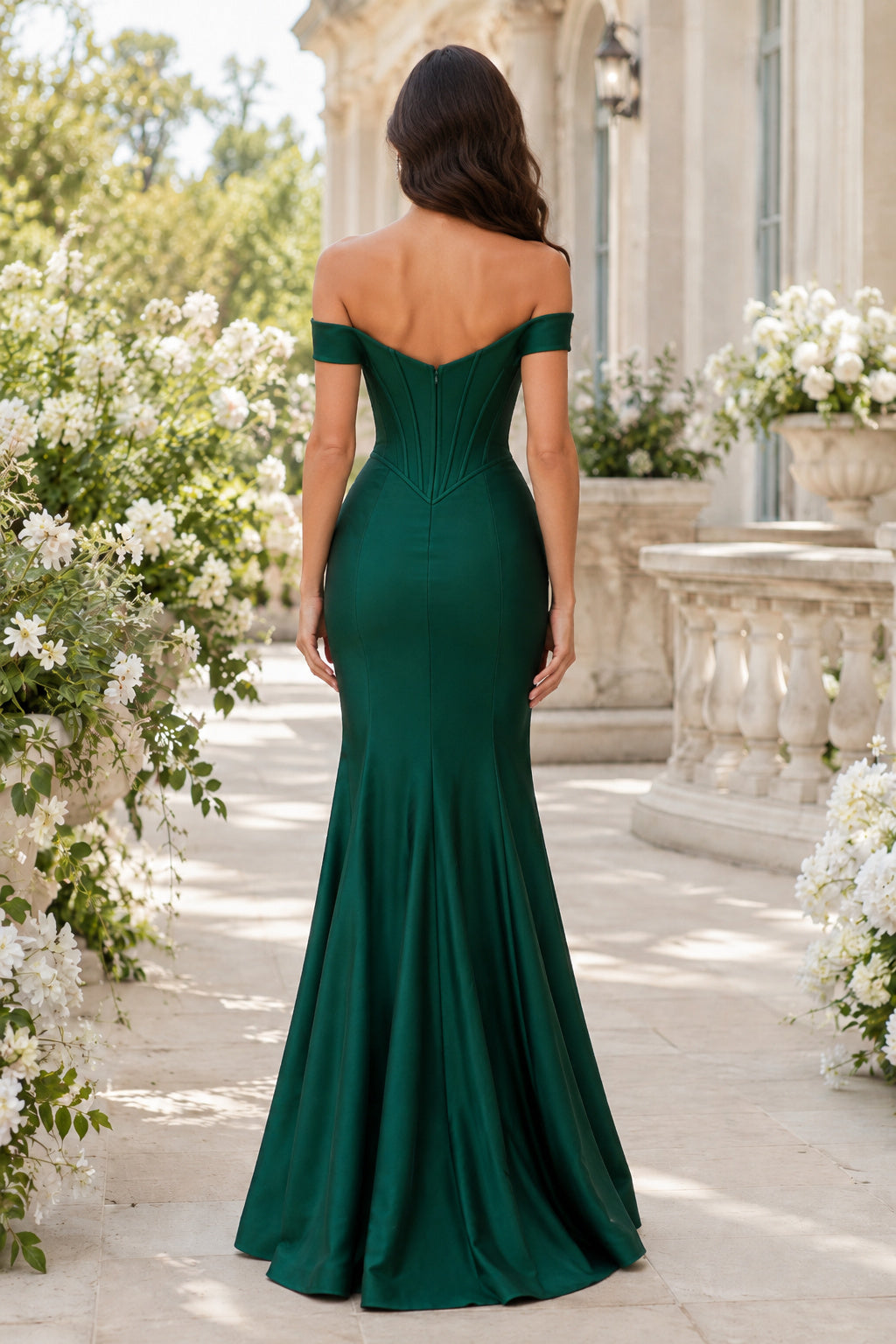 Dark Green Off the Shoulder Stretch Satin Mermaid Gown with Fitted Skirt Floor Length And Sweep/Brush Train Mermaid Trumpet P