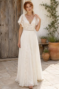 Flutter Sleeve V-Neck A-Line Wedding Dress with Lace Bodice and Flowing Chiffon Skirt front view