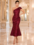 Burgundy One Shoulder Floral Jacquard Mermaid Tea Guest Dress front view