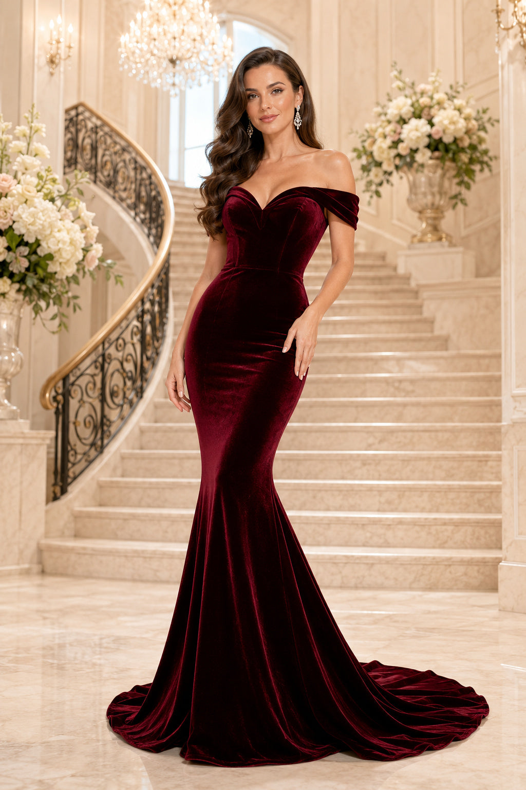 Burgundy Off The Shoulder Velvet Mermaid Evening Gown With Sweep Train Evening Dress front view