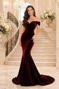 Burgundy Off The Shoulder Velvet Mermaid Evening Gown With Sweep Train Evening Dress front view