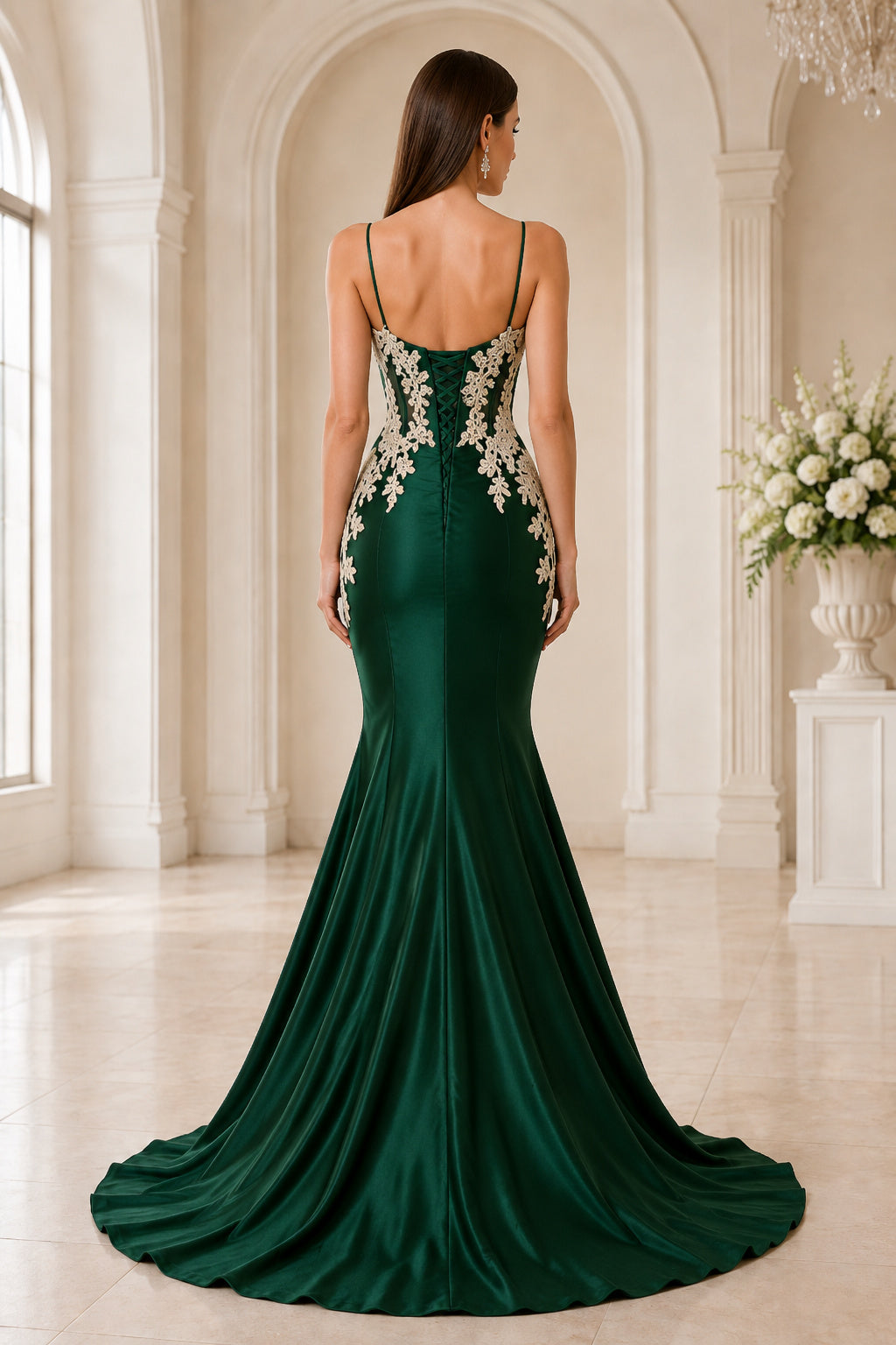 Dark Green Spaghetti Strap Satin Mermaid Formal Dress with Ivory Lace Applique and Sweep Train back view