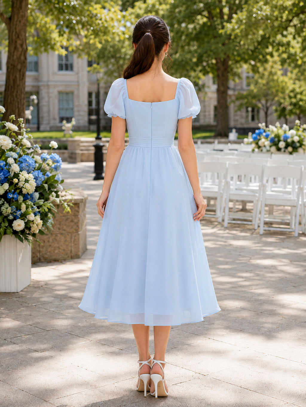 Pastel Blue Puff Sleeve Tulle Midi Graduation Dress back view