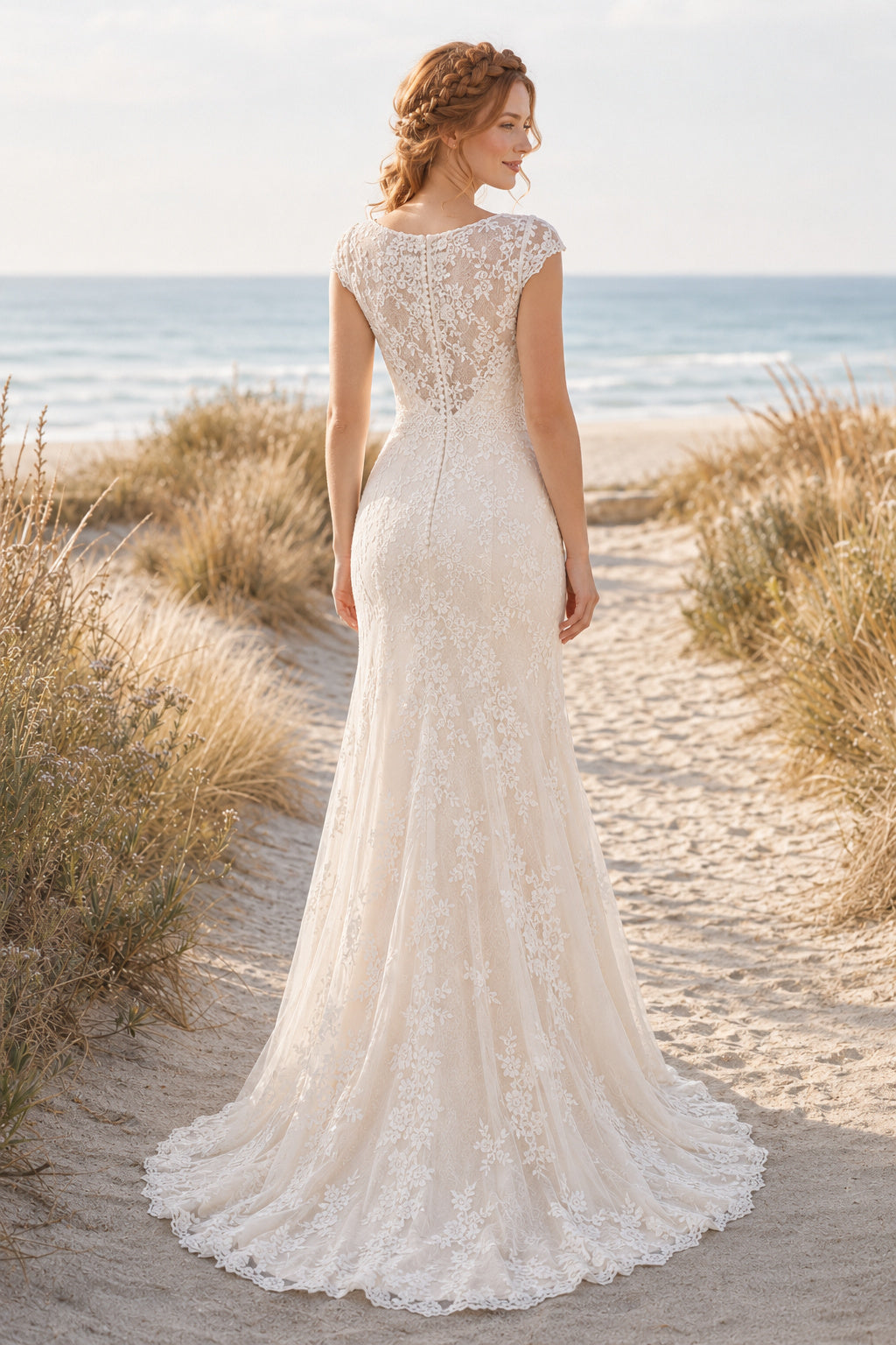 Bateau Cap Sleeve Mermaid Wedding Dress with Lace Overlay and Soft Sweep Train for Beach Garden Ceremony back view