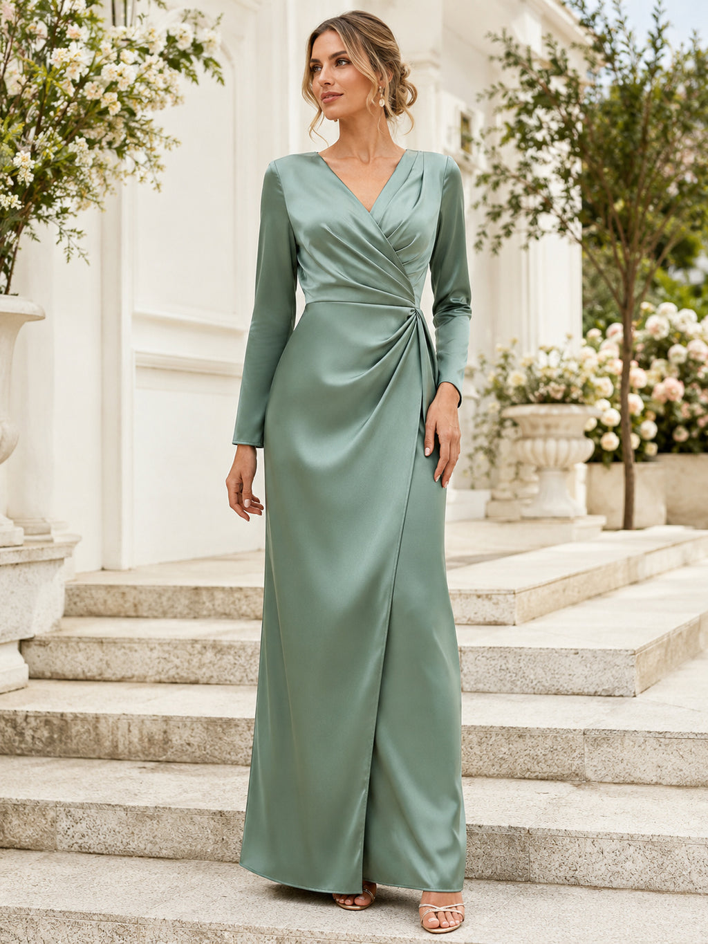 Sage V Neck Long Sleeve Satin Sheath Floor Guest Dress front view