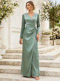 Sage V Neck Long Sleeve Satin Sheath Floor Guest Dress front view