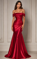 Red Satin Trumpet Prom Dress Off Shoulder Ruched Bodice front view
