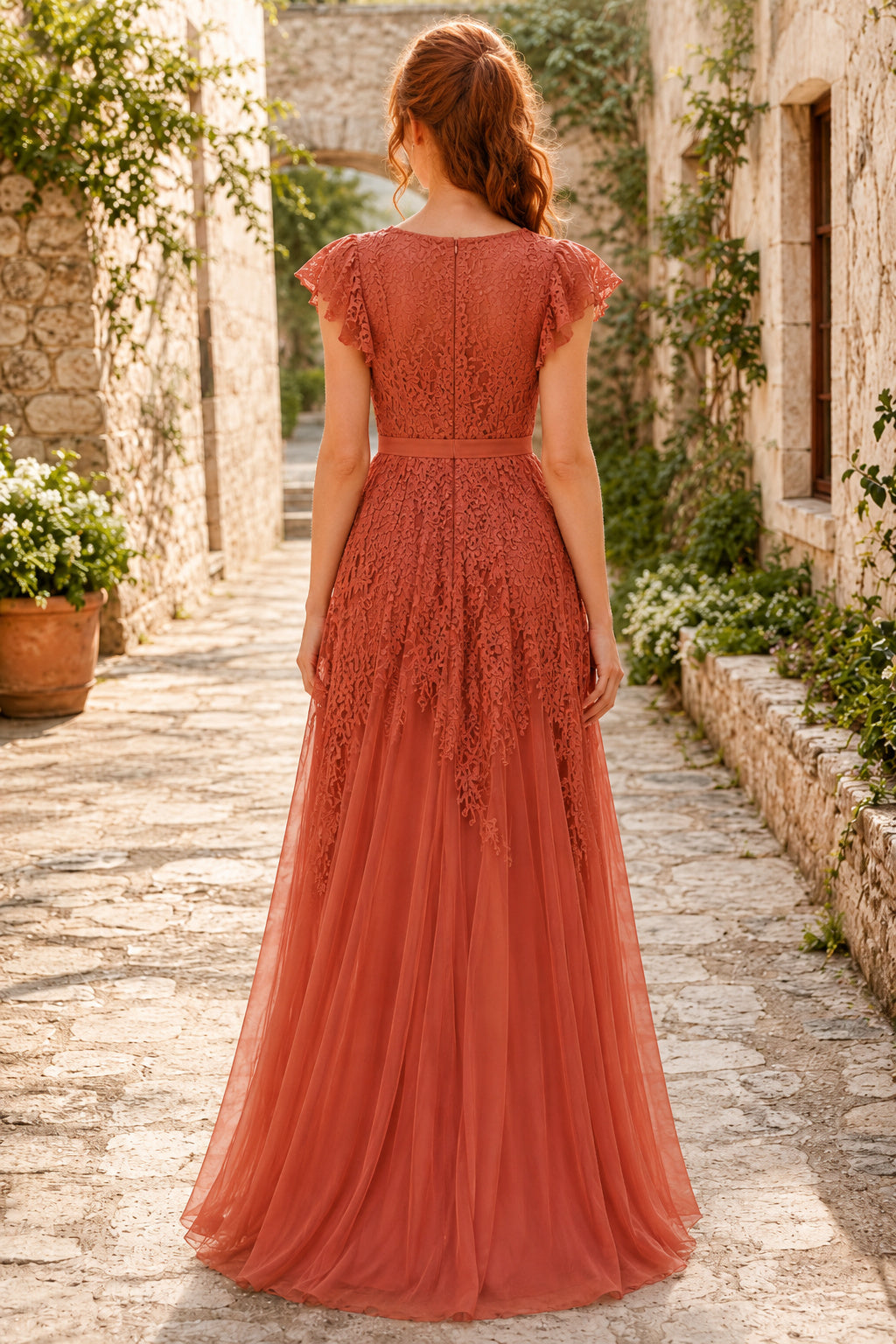 Orange V-Neck Lace A-Line Formal Dress with Cap Sleeves and Embroidered Tulle Skirt back view