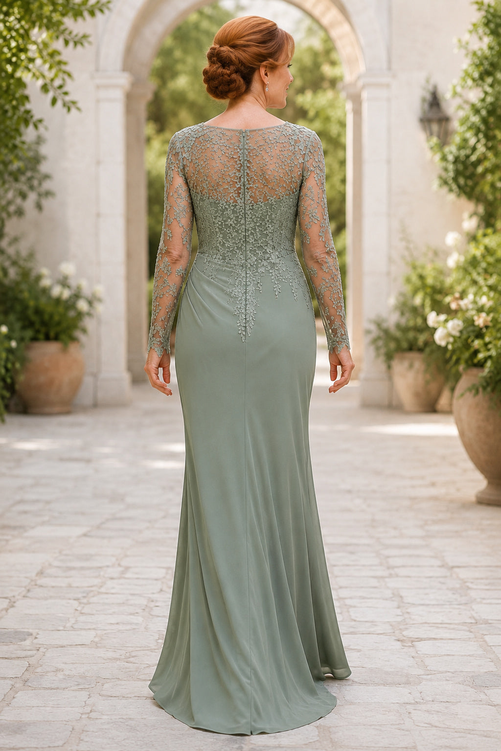Sage Sheath Mother Dress with Illusion Lace Bodice and Long Sleeves for Evening Reception back view