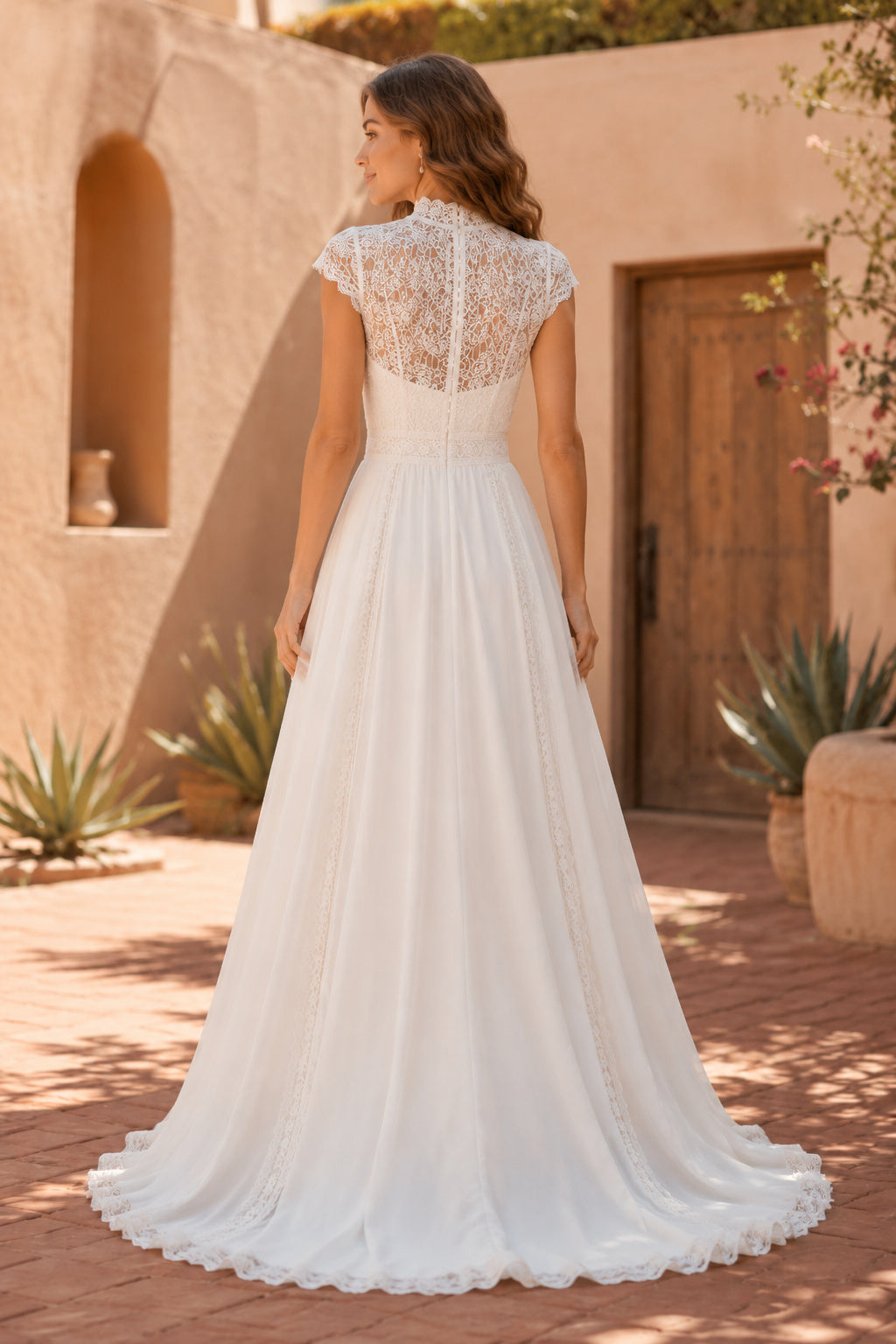 Illusion Bateau A-Line Wedding Dress with Cap Sleeves and Soft Tulle Train for Beach Garden Ceremony back view