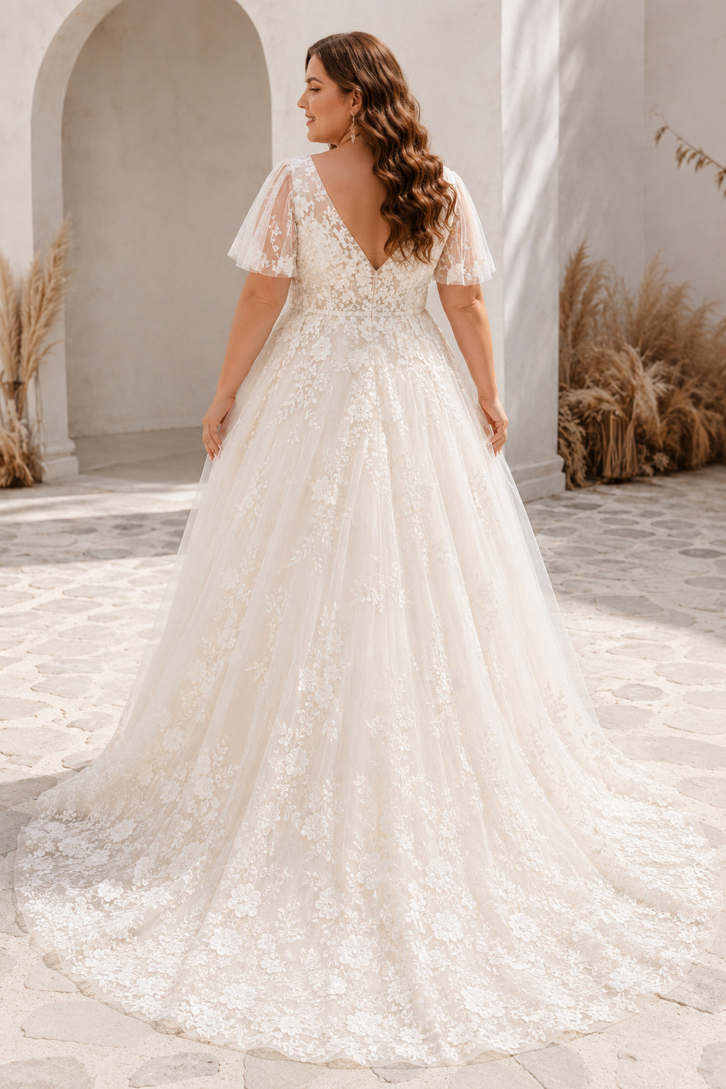 Plus Size Ivory V-Neck Short Sleeve Lace A-Line Wedding Dress back view