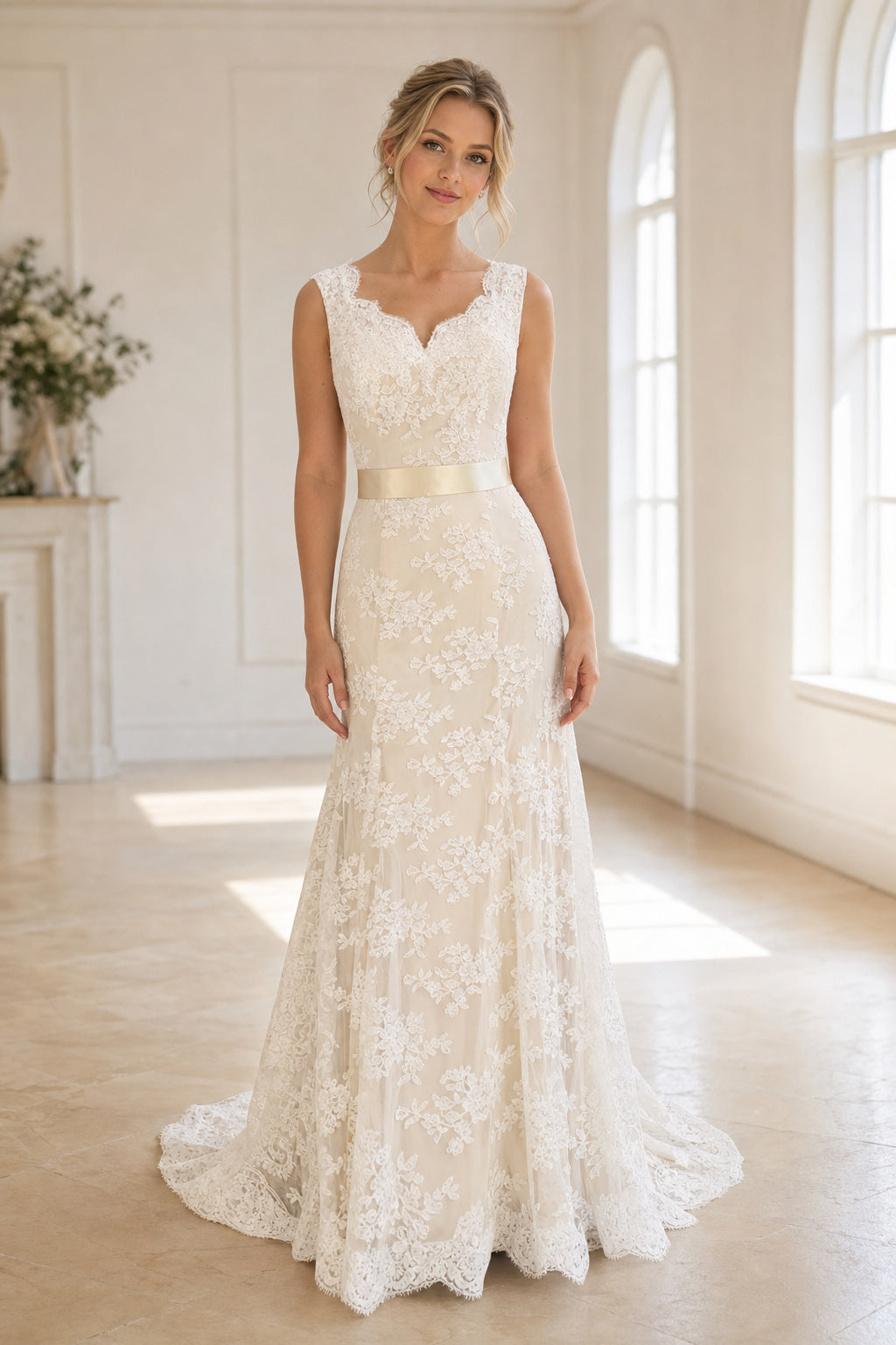 White Halter A-Line Crepe Floor-length Wedding Dress With Layered Skirt and Beaded Bodice and Open Back Lace Hem Detail