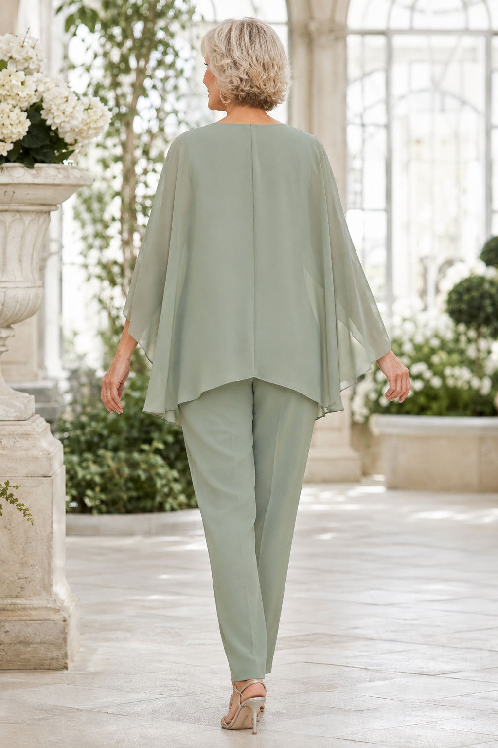 Sage Chiffon Mother Jumpsuit with Cape Overlay and Slim Formal Pants for Formal Reception back view