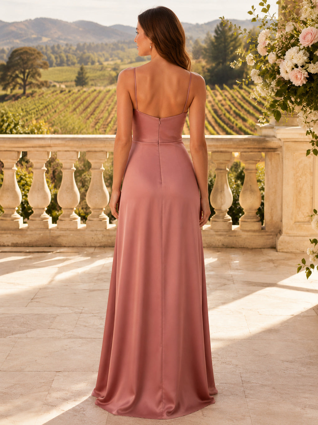 Dusty Rose Satin Sheath Cowl Neck Spaghetti Strap Draped Low Back Floor-Length Bridesmaid Dress back view