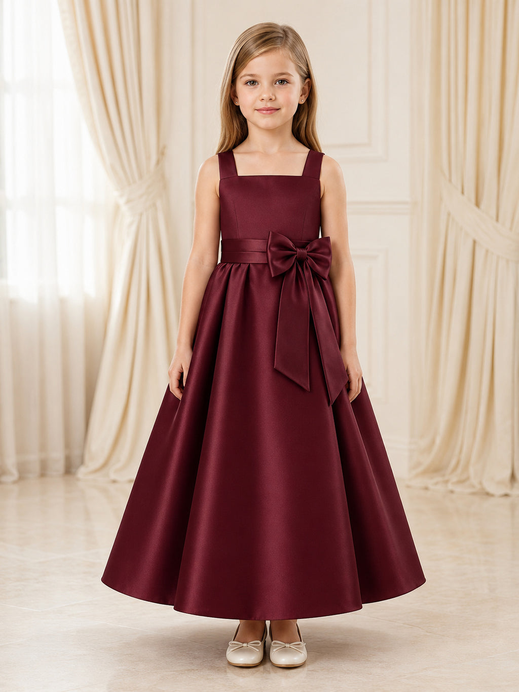 Burgundy Bow Back Satin A-Line Flower Girl Dress with Square Neck, Sleeveless, and Tea-length Skirt front view