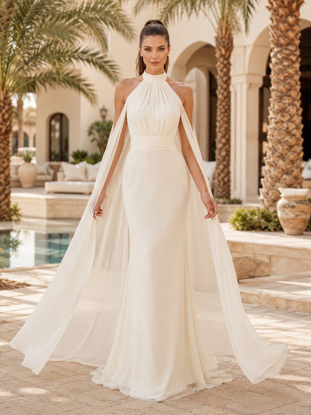 Beach Chiffon Wedding Dress A-Line Halter Sleeveless Floor Length Bridal Gown Style 722599 front view
