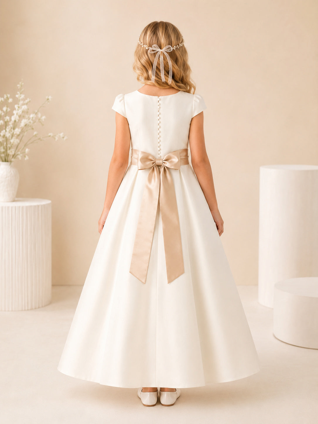 Simple Jewel Neck Cap Sleeve Satin Floor Length Communion Dress back view