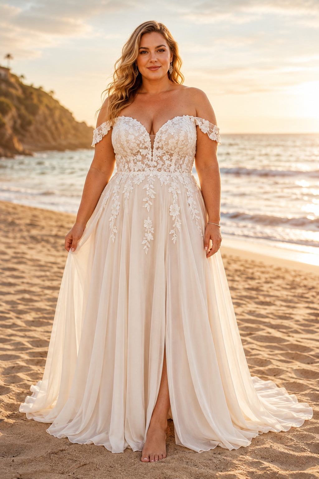 Plus Size Ivory Off-the-Shoulder Sweetheart Flutter Sleeve Lace Tulle A-Line Wedding Dress with Split Front Skirt and Soft Ch