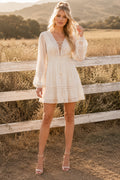 Ivory V-Neck Long Bell Sleeve Chiffon Lace Mini Dress for Wedding Reception and Party front view