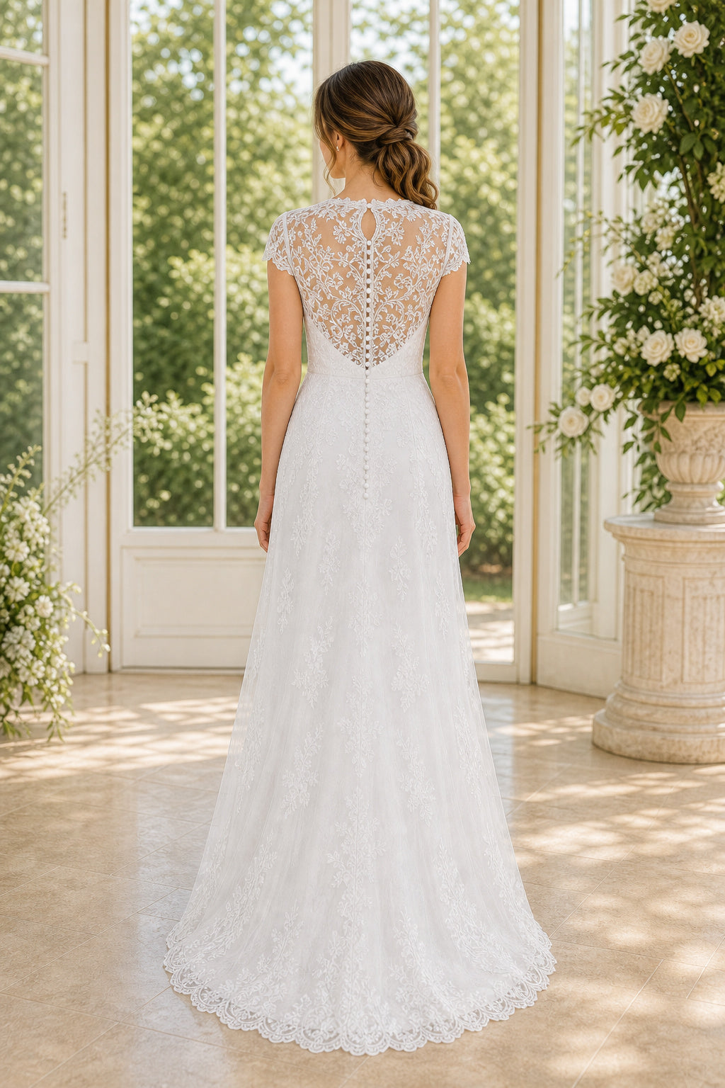 White Square A-Line Lace Floor-length Wedding Dress With Lace and Beaded Bodice and Open Back Lace Hem Detail