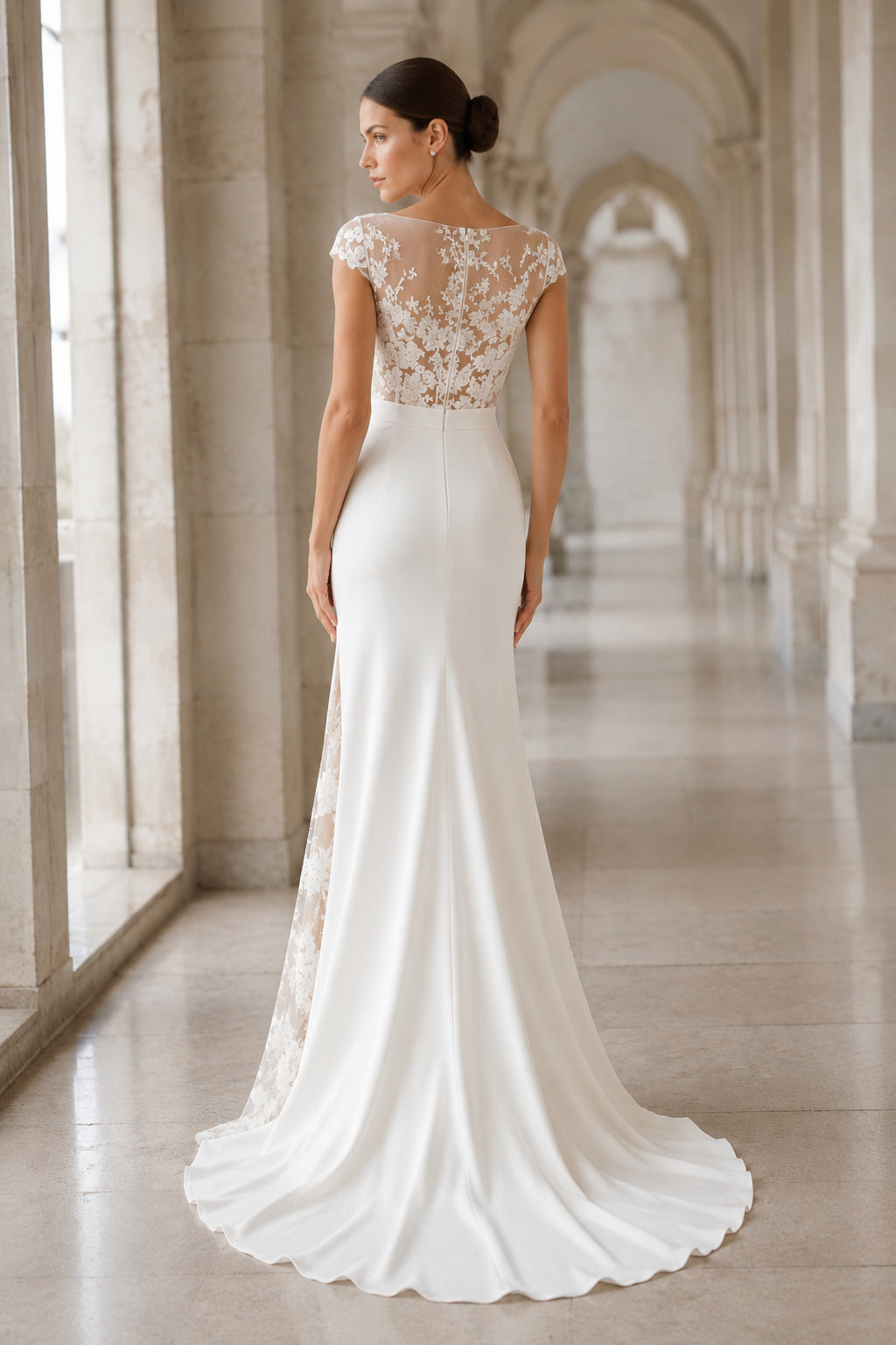 Wedding Sheath Satin Dress with Illusion Lace Cap Sleeves and Split Front back view