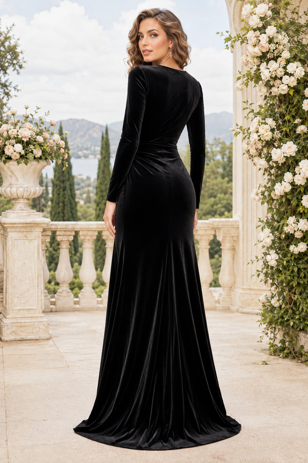 Black Long Sleeve Velvet Mermaid Evening Dress with Plunging V-Neck and High Slit back view