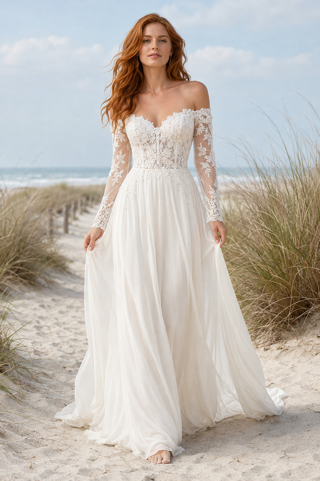 Ivory Off-the-Shoulder Long Sleeve Chiffon A-Line Wedding Dress with Lace Bodice front view