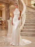 Minimalist Satin Wedding Dress Sheath Halter Sleeveless Sweep Train Bridal Gown front view