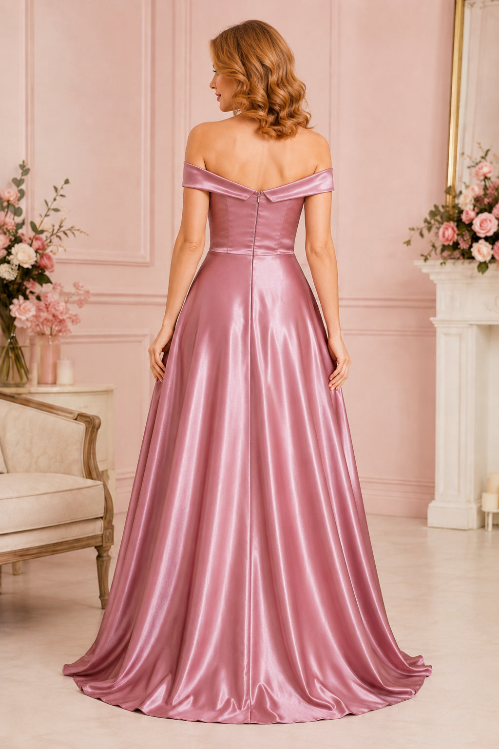 Blushing Pink Off-the-Shoulder Satin A-Line Prom Dress with Full Floor-Length Skirt back view