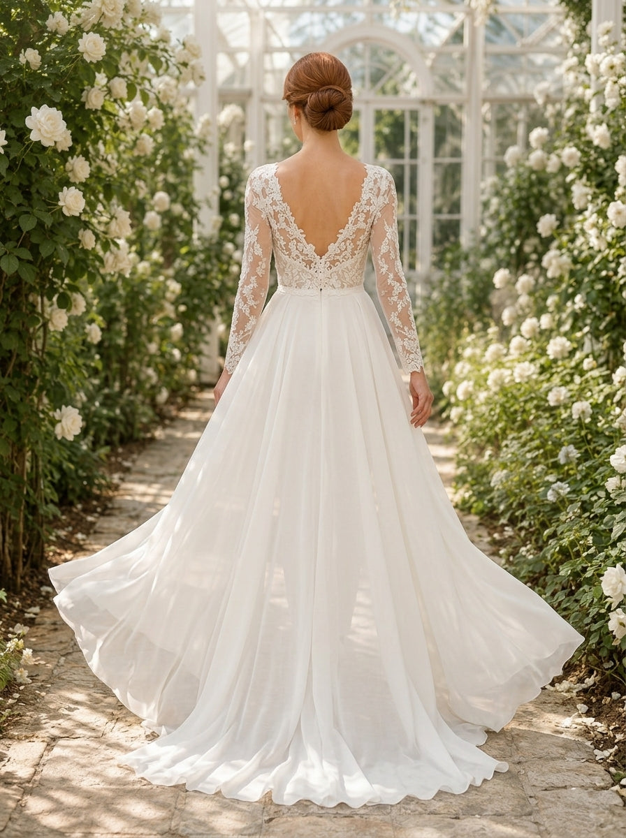 Long Sleeve Lace Bodice Bridal Jumpsuit with Tulle Overskirt back view