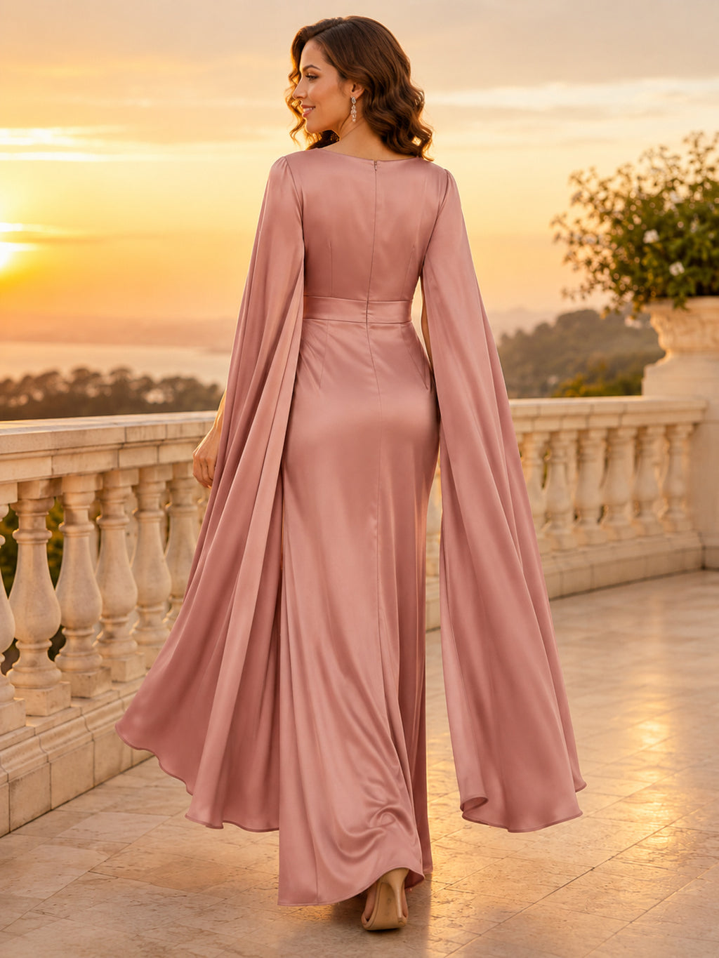 Dusty Rose Satin Cape Sleeve Slit Evening Dress back view