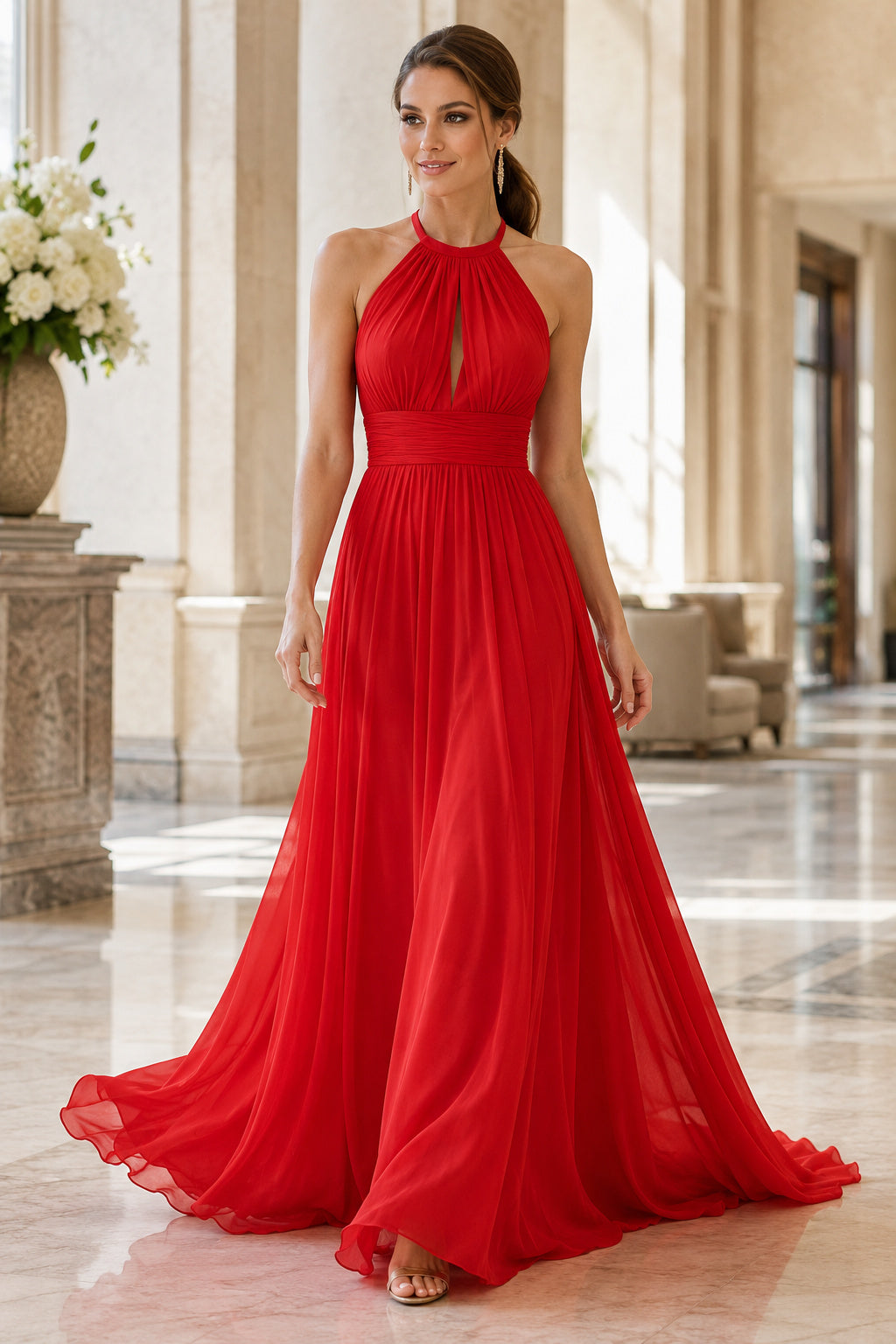 Red Halter Chiffon A-Line Formal Dress with Keyhole Back front view