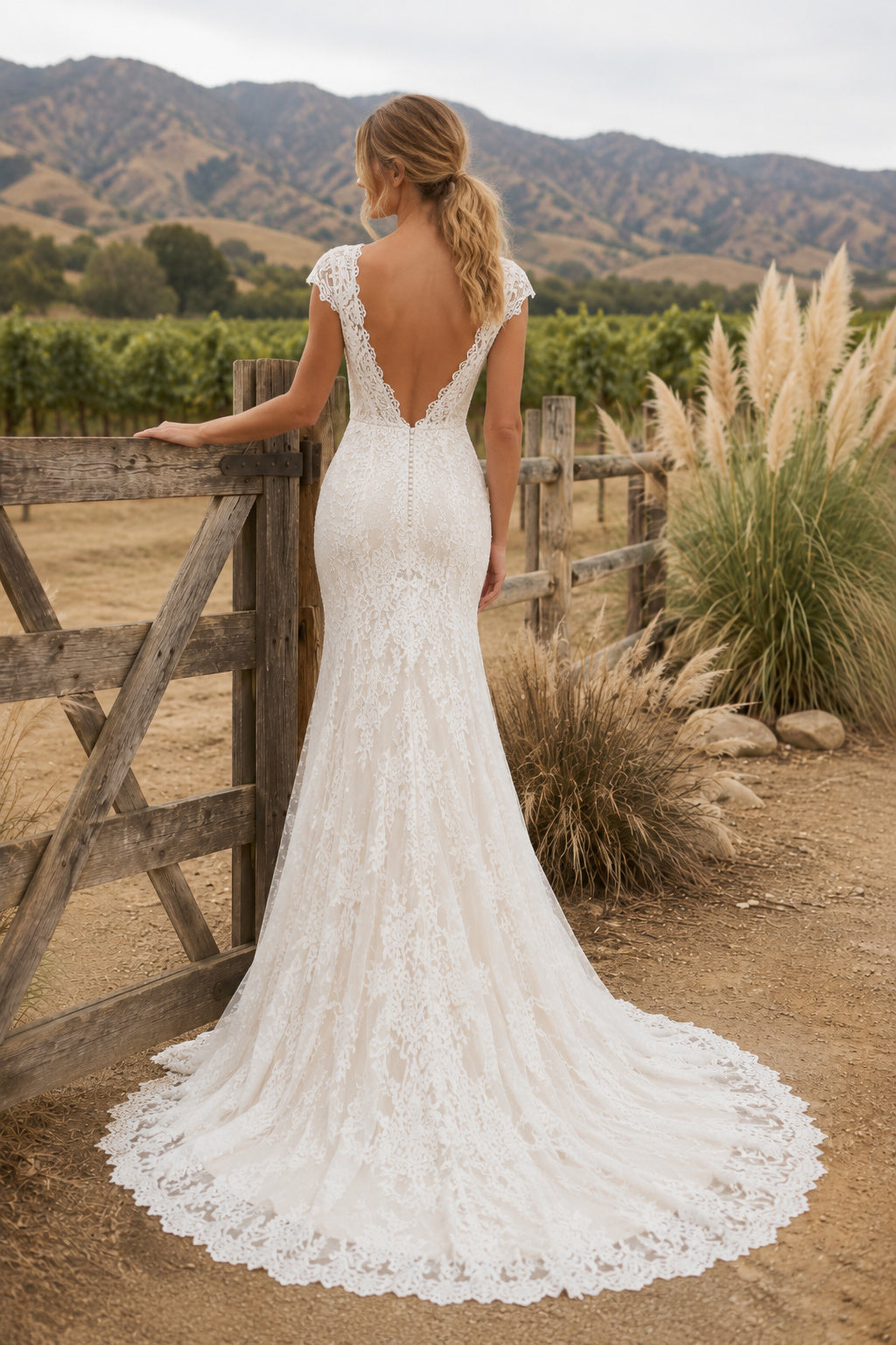 White V-Neck Sleeveless Lace Mermaid Wedding Dress with Low V Back and Scalloped Train back view