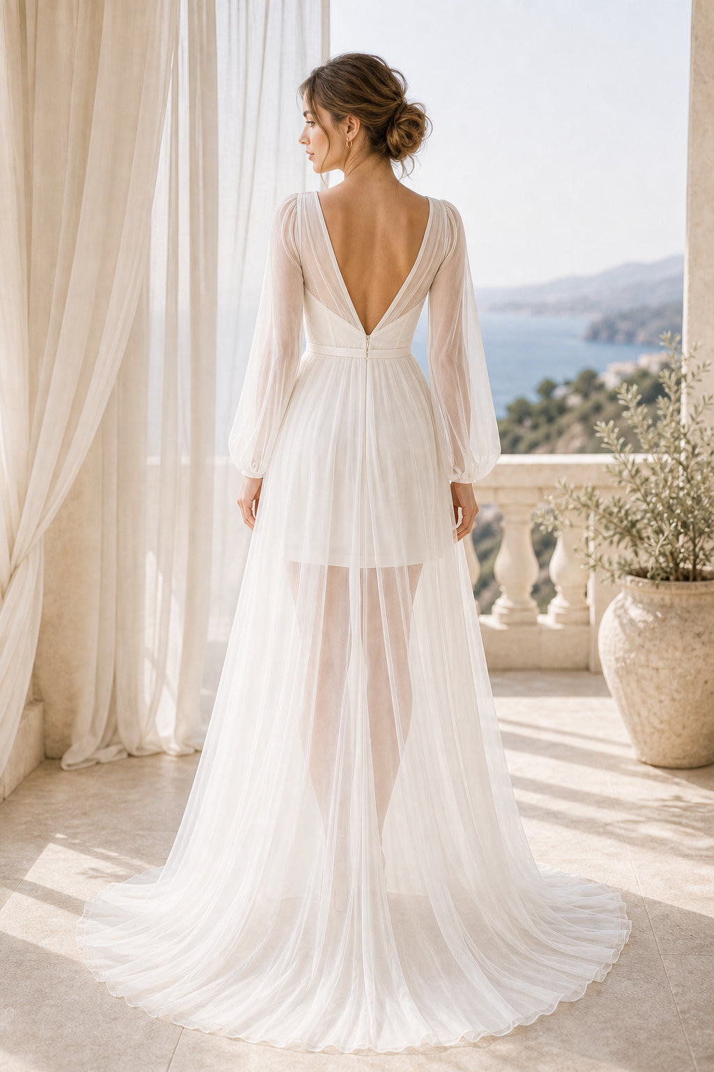 White V-neck Long Sleeves A-Line Tulle, Chiffon High-low Dress With High-Low Skirt and Front Slit and Open Back