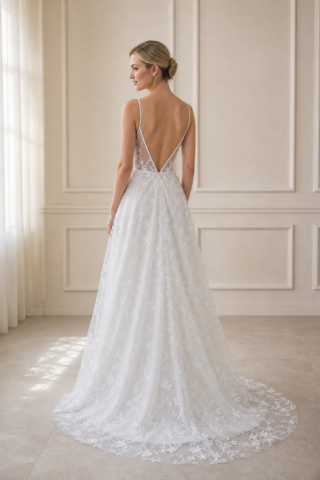 Ivory Halter A-Line Crepe Floor-length Wedding Dress With Floral Appliques and Front Slit and Open Back