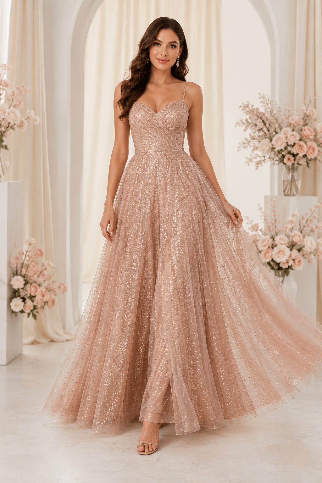 Champagne Spaghetti Strap Champagne Glitter Tulle A Line Gown with Slit Floor Length A Line Prom Dress front view