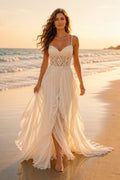 Ivory Spaghetti Sweetheart Lace Chiffon A-Line Wedding Dress Split Front for Bridal Ceremony and Reception front view