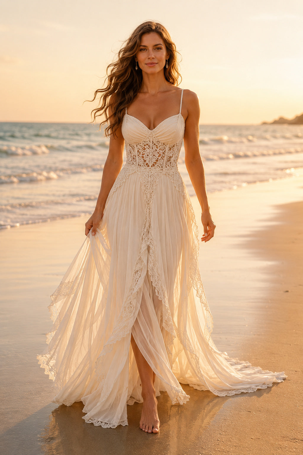 Ivory Spaghetti Sweetheart Lace Chiffon A-Line Wedding Dress Split Front for Bridal Ceremony and Reception front view
